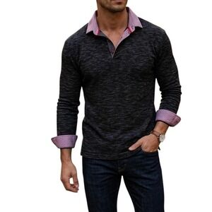 Maceoo Paris Mens 3XL Long Sleeve Polo Shirt Black Charcoal Textured Knit